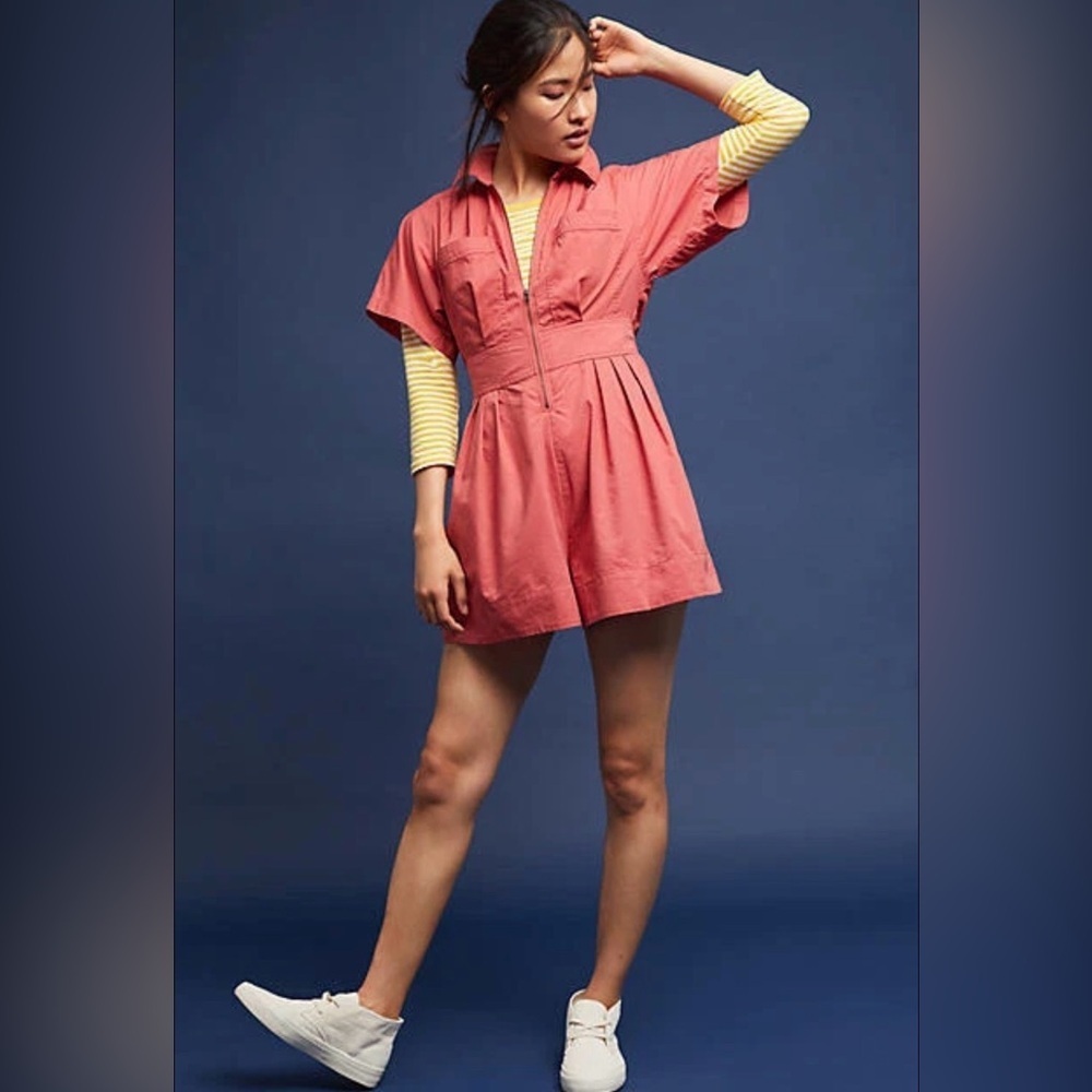 Anthropologie Holding Horses Coral Zip Front Romper 6 Cotton Lyocell Utility - Picture 3 of 16